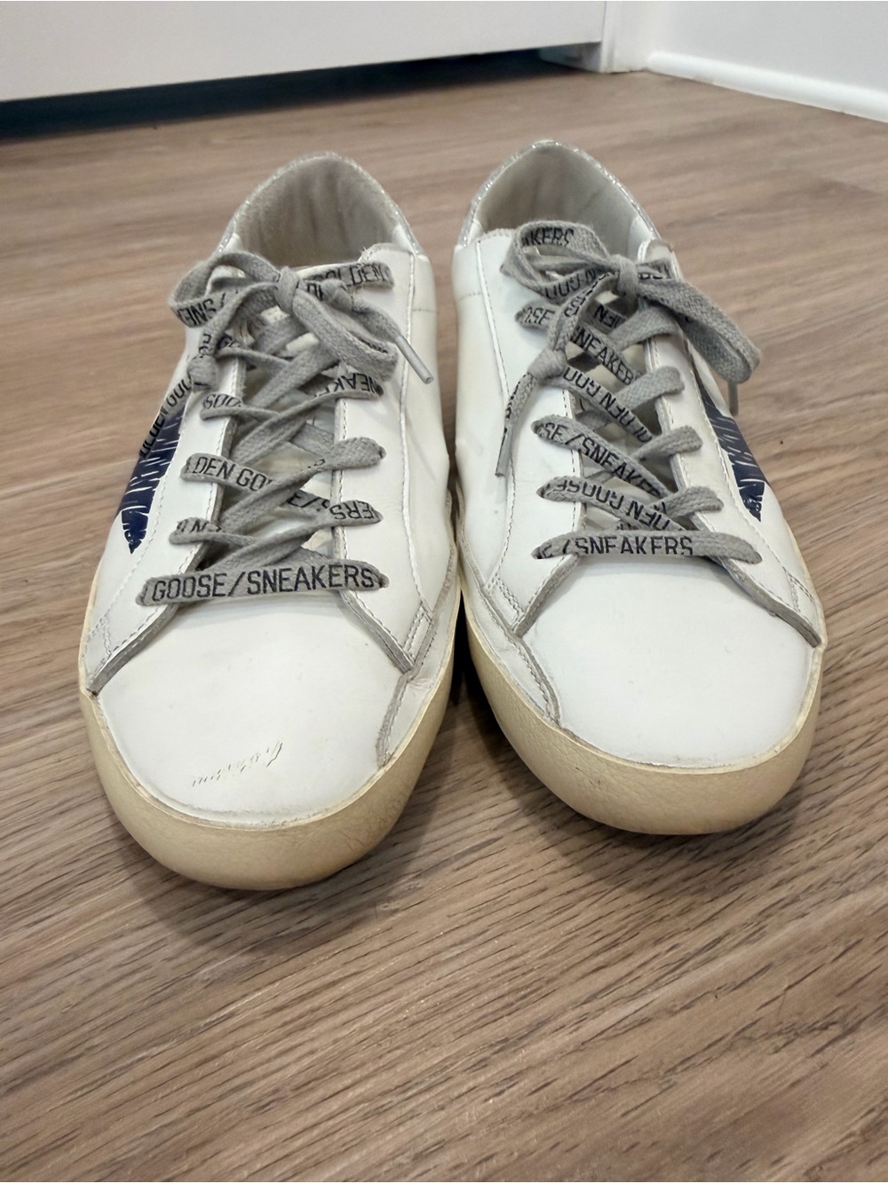 Golden Goose White Leather Sneakers with Blue Star and Silver Heel - Picture 3 of 8